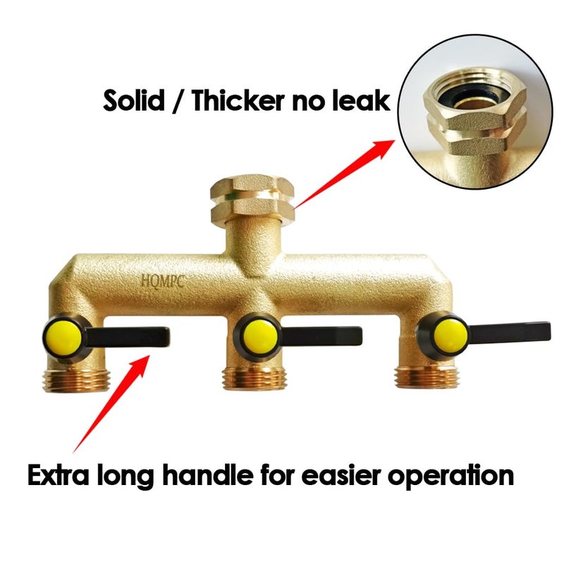 HQMPC Hose Splitter Garden Hose 3 Way Valve Hose Splitter Brass Hose Splitter With Solid Long Handle Brass Valve Water Waer Hose Spigot Splitter 3 Way Valve 3/4"" GHT Thread - Image 2
